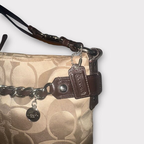 Coach Purse Khaki Sateen Signature Canvas Brown Leather Chain Bag F18862 Convert - Picture 5 of 9